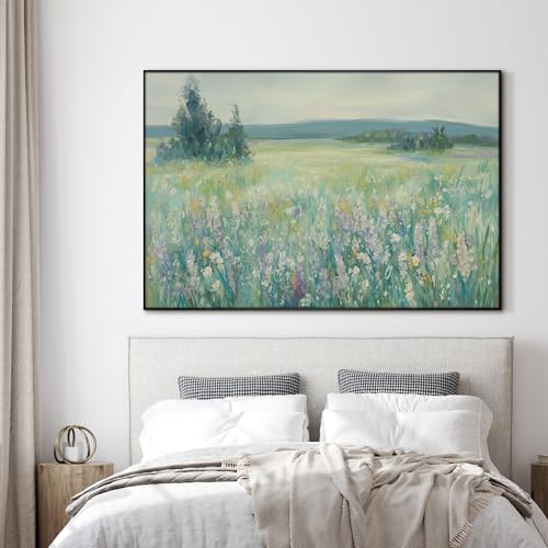 46"x72" Extra Large Framed Wall Art Wildflower Meadow Landscape Soft Pastel Nature Illustration for Home Living Room Bedroom Decor