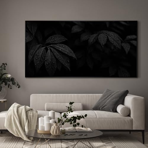 36"x72" Extra Large Framed Wall Art Black and White Botanical Leaves with Raindrops for Home Living Room Bedroom Decor
