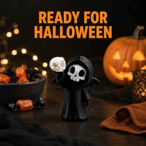 Halloween Miniature Skeleton Figurine Cute Grim Reaper Skeleton Holding Skull with Black Hooded Gothic Desktop Decoration Spooky Collectible Ornament for Home Office Party Cake Display Gift