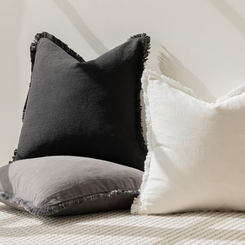 Decorative Linen Fringe Lumbar Throw Pillow Covers 12×20 Black (2 Count)