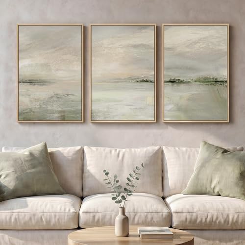 Framed Sage Green Abstract Landscape Wall Art for Bedroom (3 Count)