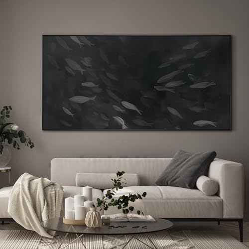 24"x46" Extra Large Framed Wall Art Monochrome Fish Silhouettes Illustration for Home Living Room Bedroom Decor
