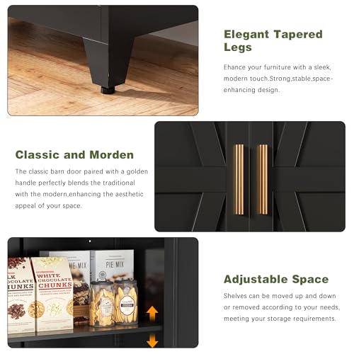 Black Farmhouse Storage Kitchen Pantry Cabinet with 2 Barn Door