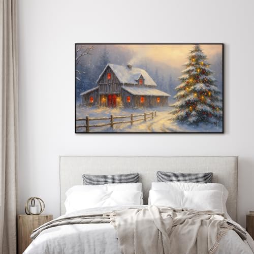 30"x60" Extra Large Framed Wall Art Rustic Winter Cabin with Christmas Tree and Snowy Landscape for Home Living Room Bedroom Decor