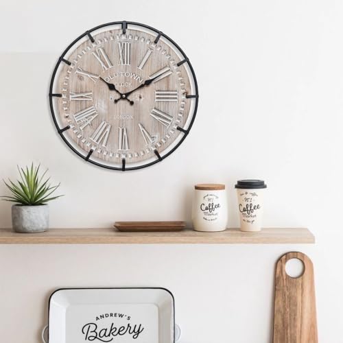 12 Inch Farmhouse Wall Clock Rustic Antique Wood with Metal Circle and Large Engraved Numerals