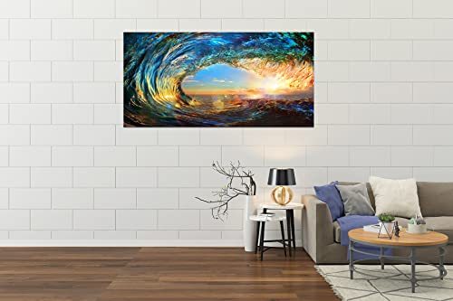 S06775 Giant Wave Water Wall Art Canvas Prints 1 Panels Ocean Waves Pictures Paintings with Sunset Blue Seascape Framed for Living Room Bedroom Kicthen Office Artwork