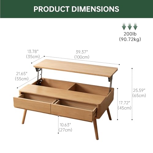 Solid Oak Wood Lift Top Coffee Table for Living Room