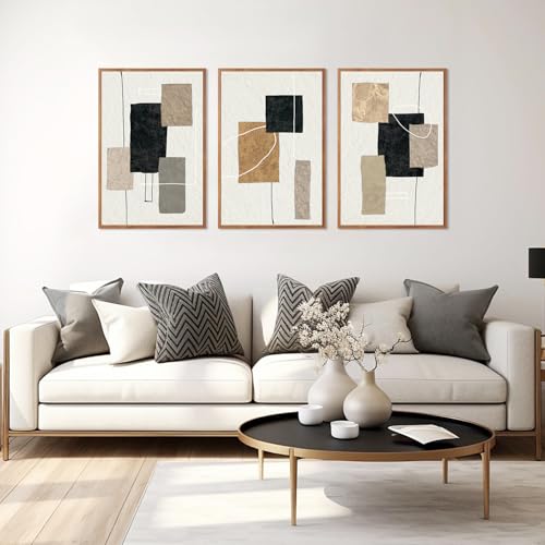 KAlRNE Neutral Abstract Wall Art Beige Block Lines Prints Set (3 Count)