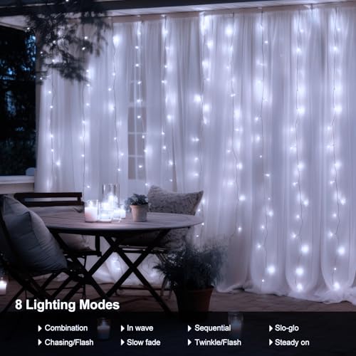 9.8Ft×9.8ft Curtain Lights Battery Operated with Remote Cool White (300 Count)