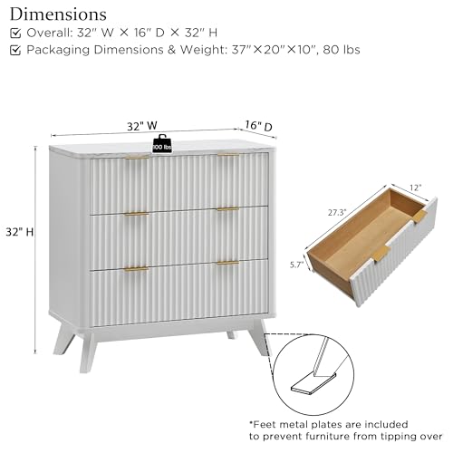 32" Large Fluted Nightstand with 3 Drawers