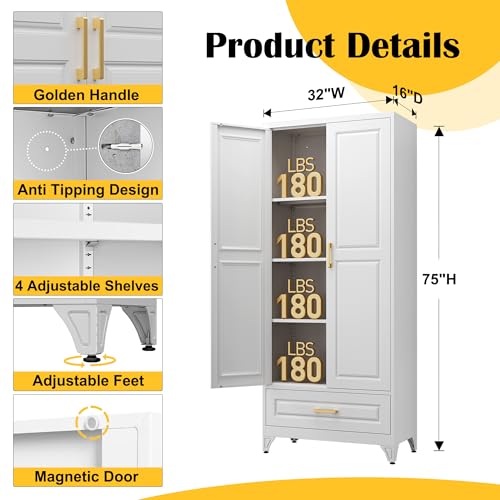 75" Metal Storage Cabinet with Doors and 3 Adjustable Shelves