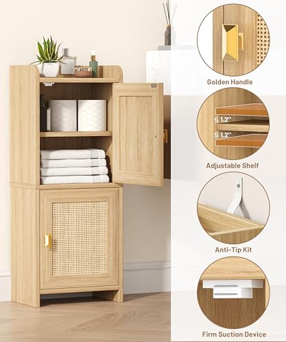 Rattan Small Bathroom Cabinet Narrow Toilet Paper Organizer Oak