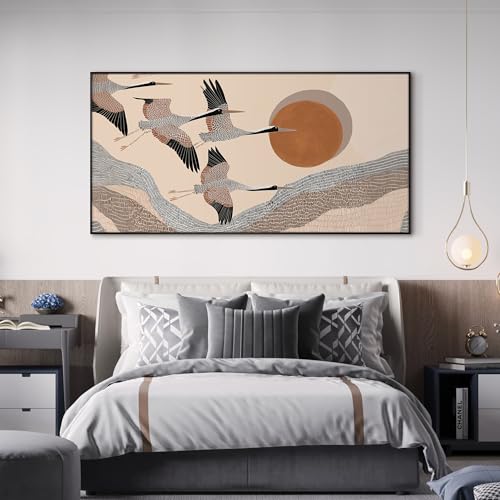 24"x46" Extra Large Framed Wall Art Flying Cranes Over Sunlit Hills Illustration for Home Living Room Bedroom Decor