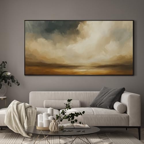 24"x46" Extra Large Framed Wall Art Golden Horizon Dramatic Abstract Landscape Illustration for Home Living Room Bedroom Decor