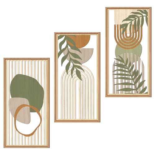 Boho Mid century Modern Wood Wall Art 8x16 Inch Framed Green Bohemian Abstract Wooden Wall Decor Set of 3 Minimalist Geometric Leaf Artwork for Living room Bedroom Office