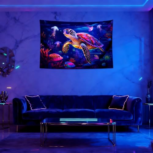 Blacklight Turtle Tapestry Glow in the Dark Ocean Tapestry Wall Hanging Black Light Sea Turtle Poster for Kids Teen Room Bedroom Decor 39.1" L x 59.1" W
