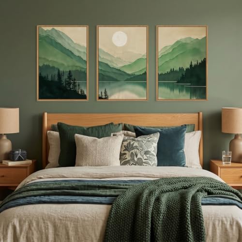 Green Boho Mountain Lake Framed Canvas Wall Art Set