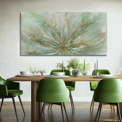 Green Flowers Canvas Wall Art Modern Paintings with Gold Foil Abstract Nature Wall Decorations for Home Office Living Room Bedroom 24" x 48"
