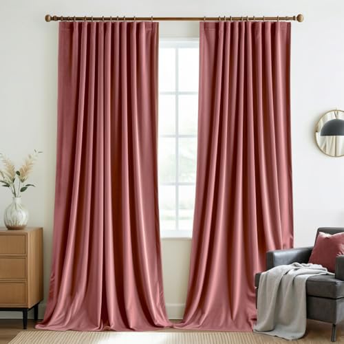 Dusty Rose Pink Velvet Pinch Pleat Blackout Curtains 52" W x 90" L (2 Count)