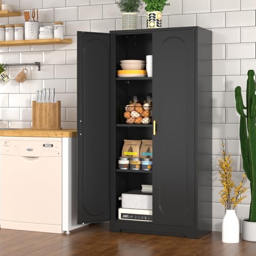 60" Black Metal Kitchen Pantry Storage Cabinet with Doors and Shelves