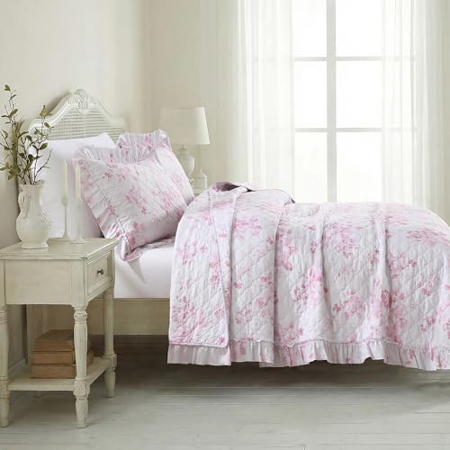 Pink Ruffled Quilt Twin Size with 1 Pillow Sham