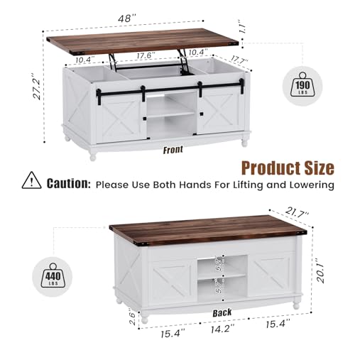48" Farmhouse Lift Top Coffee Table with Storage Sliding Barn Door & Large Hidden Compartment