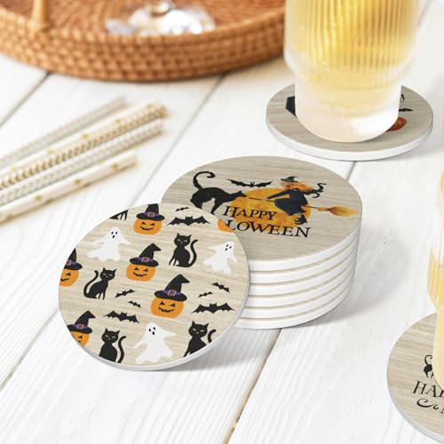 Halloween Coaster for Drinks Set of 6 with Metal Holder and Cork Base Ceramic Drink Coasters Absorbent Cup Mat Non