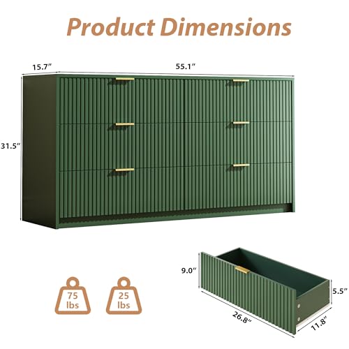 Green 6 Drawer Dresser for Bedroom
