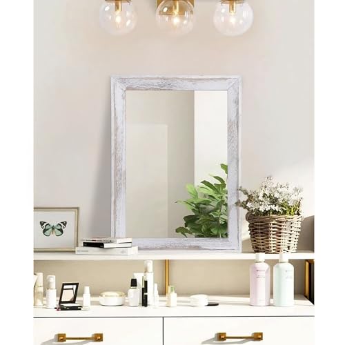 Mirrors for Wall Rustic Wood Framed Hanging Mirror 20"x16" Decorative for Farmhouse Bedroom Bathroom Living Room Entryway Hallway White
