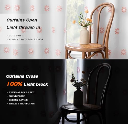 Blackout Curtains for Living Room 95 Inch Long Total Light Blocking Pink Floral Curtain for Sliding Door 2 Panels Grommet Girls Bedroom Drapes with Daisy Flower Sheer 50 x 95 in (2 Count)