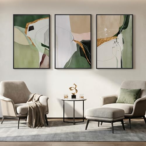 Large Framed Sage Green Abstract Wall Art for Living Room (3 Count)