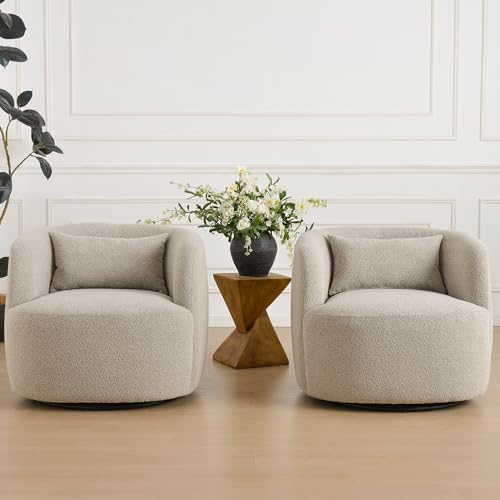 34" W Sherpa Swivel Barrel Chairs with Pillow Set of 2 (2 Count)