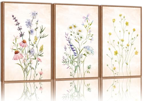 Watercolor Wildflower Framed Canvas Wall Art Set of 3 (3 Count)