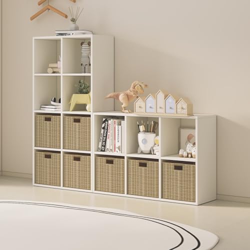 Wood Cube Storage Organizer Closet Cabinet for Living Room Bedroom Study Shelf Bookcase Wooden Floor Standing Open Bookshelf for Kids Home Office Display Storage Cabinet (6 Count)