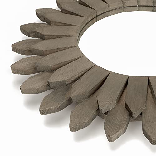 Farmhouse Wall Decor Mirror 12 inch Sunburst Boho Wood Mirror Rustic Home Decor Room Decoration for Bedroom Living Room Weathered Grey