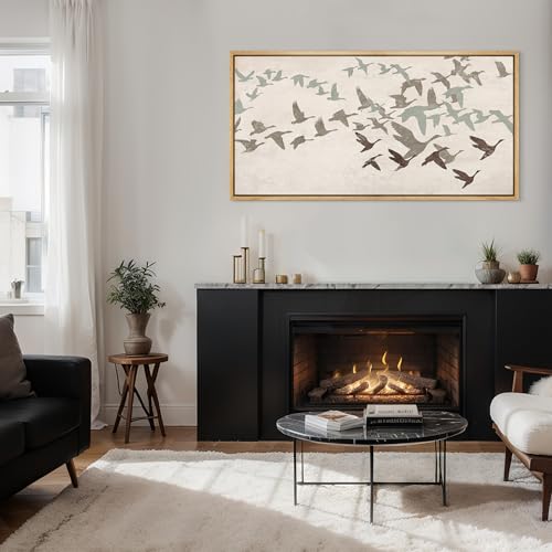 Extra Large Framed Canvas Print Wall Art Wild Freedom Assorted Birds in Flight Antique Retro Fine Art Illustrations Decorative Colorful for Bedroom