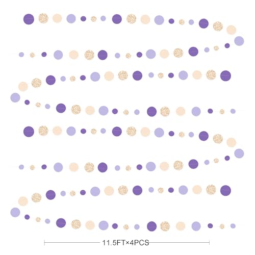 Champagne Gold Purple Cream Nude Polka Dots Garland Lavender Hanging Paper Circle Dot Streamer for Birthday Wedding Shower Engagement Bridal Shower Lilac Violet Theme Party Decorations Supplies