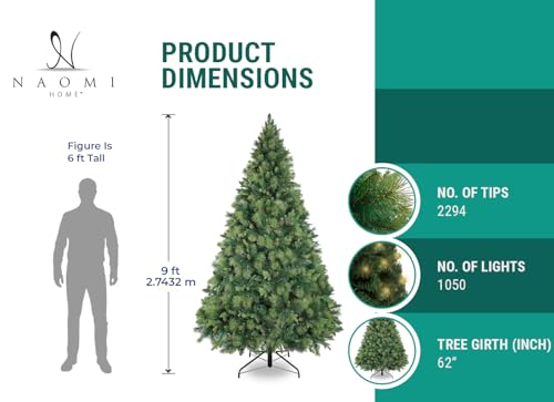 9ft Christmas Tree with Lights Realistic Traditional Christmas Tree Prelit with Pine Cones Foot Pedal 2294 Branch Tips 1050 Warm Lights and Metal Stand Aritificial