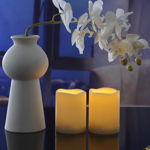 Waterproof Outdoor Battery Operated Flameless Candles with Auto Timer Flickering Plastic Resin Electric LED Pillar Lights for Lantern Patio Garden Wedding Party Decorations 3x4 Inches 6 Pack White (6 Count)