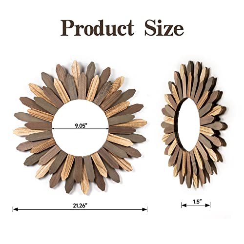 Boho Wall Decor 21 inch Wall Mirror Rustic Wood Decorative Mirror for Room Decor Rustic Home Decor Farmhouse Wall Decor at Living Room Bedroom Bathroom Hallway Trilcolor