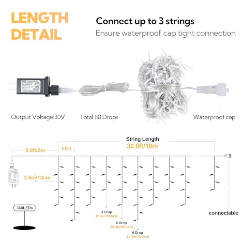 33FT 360 LED Warm White Christmas Icicle Lights