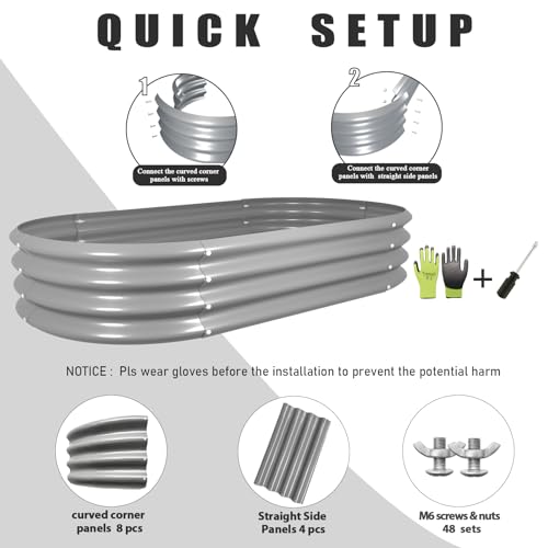 6 Pack 4x2x1ft Galvanized Raised Garden Bed Kit Oval Metal Ground Planter Box Outdoor Bottomless Planter Raised Beds for Vegetables Flowers Herbs Fruits
