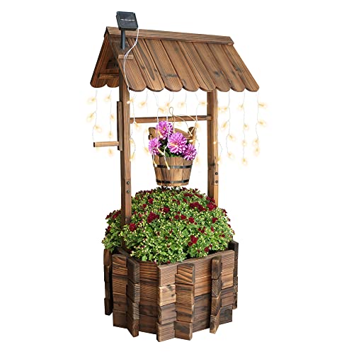 Garden Wooden Decor Rustic Wishing Well with Light Planter Outdoor Home Décor for Patio