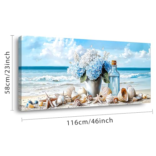 Romantic Beach Wall Art for Living Room Blue Shells Conch Vase Canvas Prints Modern Large Flower Bottle Bedroom Ocean Artwork Decor
