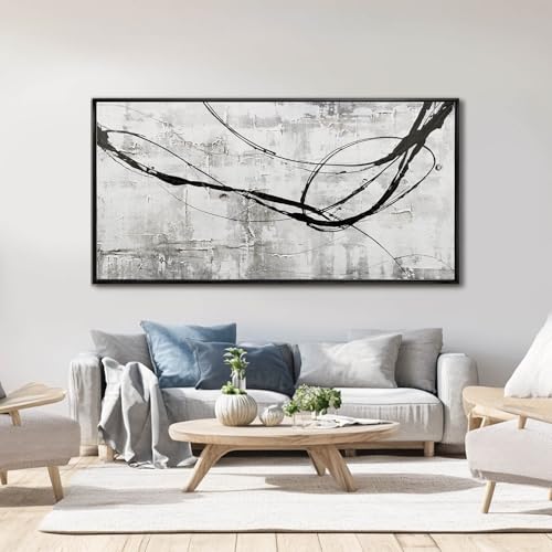 Abstract Framed Wall Art for Living Room White Pictures Canvas Black Arts Wall Decor Poster Prints Artwork for Hotel Gallery 24"x48"