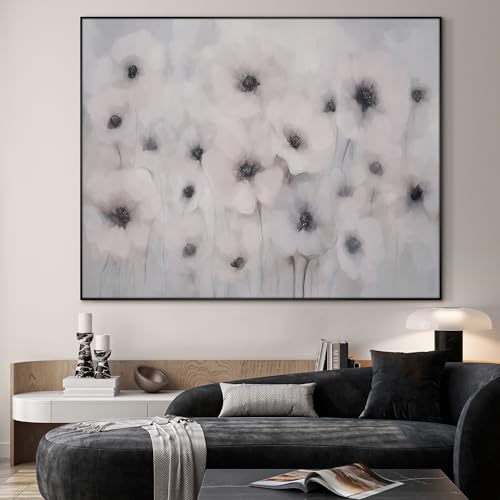 36"x46" Extra Large Framed Wall Art Soft White Poppies Watercolor Floral