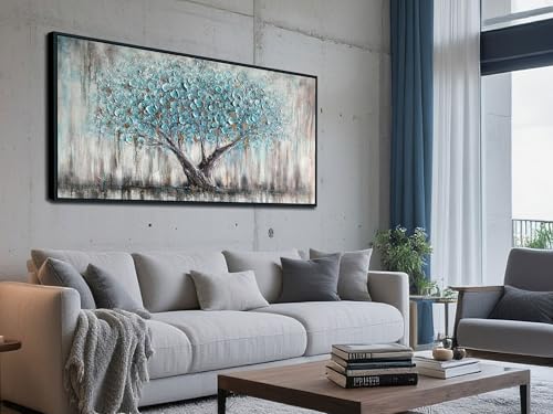 Framed Blue Tree Canvas Wall Art Tree of Life Teal Living Room 40x20