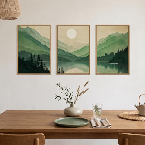 Green Boho Mountain Lake Framed Canvas Wall Art Set