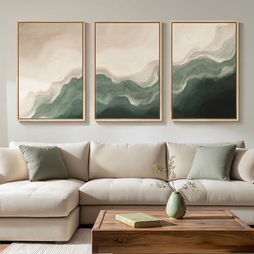 Large Framed Green and Beige Abstract Wall Art