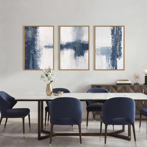 Abstract Navy Blue Grey Framed Canvas Wall Art Set